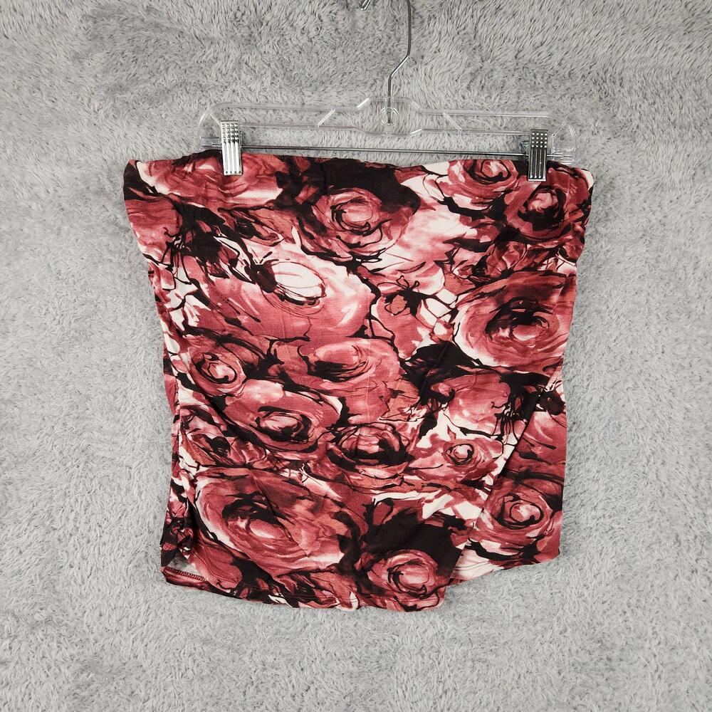 Vintage Newport News Skirt Womens Medium Red Floral Rayon Jersey Knit Rose Print